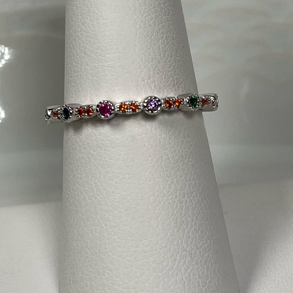 Rhodium Plated Solid Sterling Silver Multicolored CZ Stacking Ring Size 7.75 - Picture 7 of 8